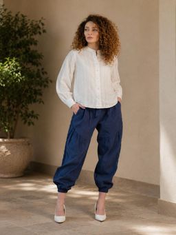 Virgio - Solid Cotton High-Waisted Balloon Fit Trousers For Women