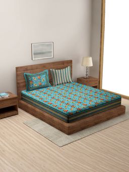 Rajasthan Decor - Green Floral Print 180 TC Cotton Bed sheet with 2 Pillow Covers (King)