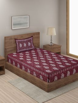 Rajasthan Decor - Maroon Print 144 TC Cotton Bed Sheet with 1 Pillow Cover (Single)