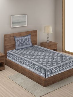 Rajasthan Decor - Grey Print 144 TC Cotton Bed Sheet with 1 Pillow Cover (Single)