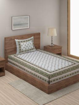 Rajasthan Decor - White & Green Print 144 TC Cotton Bed Sheet with 1 Pillow Cover (Single)