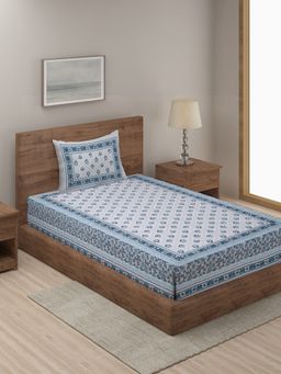 Rajasthan Decor - White & Blue Print 144 TC Cotton Bed Sheet with 1 Pillow Cover (Single)
