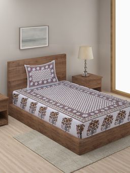 Rajasthan Decor - White & Red Floral Print 144 TC Cotton Bed Sheet with 1 Pillow Cover (Single)