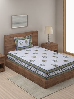 Rajasthan Decor - White & Olive Motif Print 144 TC Cotton Bed Sheet with 1 Pillow Cover (Single)