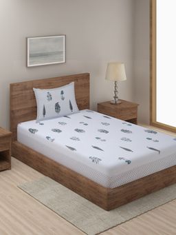 Rajasthan Decor - White & Indigo Motif Print 144 TC Cotton Bed Sheet with 1 Pillow Cover (Single)