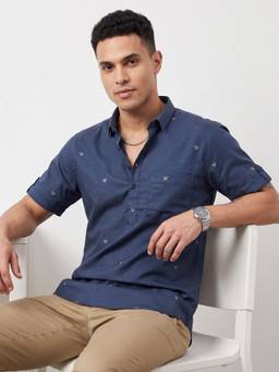 Charagh Din - Blended Ditto Fit Blue Print Casual Kurta