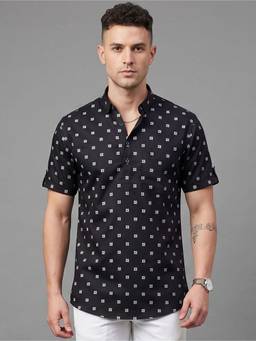Charagh Din - Blended Ditto Fit Black Print Casual Kurta
