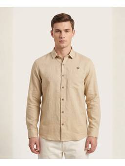 LINENWEAR - Solid Cream Linen Regular Fit Full Sleeves Shirt