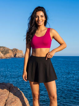 AOBA - Solid Pink Swim Top And Black Flared Skort