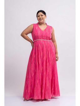 Mamicha - Pink Printed Georgette Mandarin Neck Maxi Dress