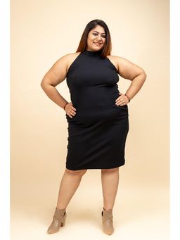 Mamicha - Black Solid/Plain Lycra Halter Neck Knee Length Dress