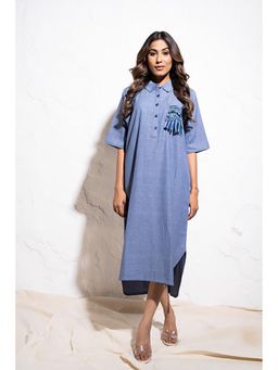 The White Tree Studio - Denim Blue Handwoven Cotton Shirt Maxi Dress
