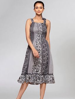First Resort by Ramola Bachchan - Black and Grey Smocked Sunmidi Dress