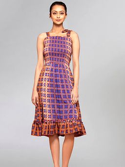 First Resort by Ramola Bachchan - Brown Printed Smocked Sun Knee Length Dress