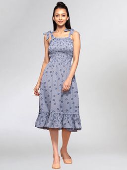 First Resort by Ramola Bachchan - Grey Smocked Printed Sunmidi Dress