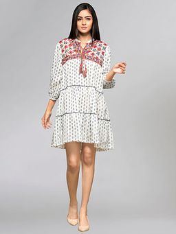 First Resort by Ramola Bachchan - Multi-Color Embroidered Peasant Mini Dress