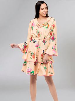 First Resort by Ramola Bachchan - Yellow Floral Printed Frill Knee Length Dress