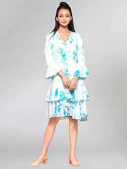 First Resort by Ramola Bachchan - Blue and Green Tie-Dye Frill Knee Length Dress