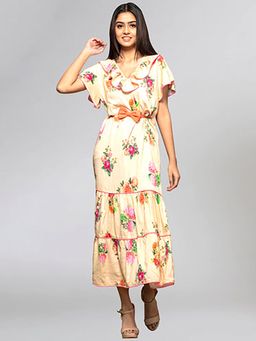 First Resort by Ramola Bachchan - Yellow Floral Printed Midi Dress