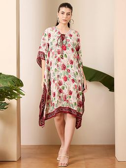 First Resort by Ramola Bachchan - Multi-Color Print Tie-Up Kaftan Knee Length Dress