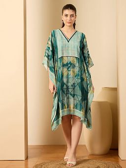First Resort by Ramola Bachchan - Green Aztec Crystal Yoke Kaftan Knee Length Dress