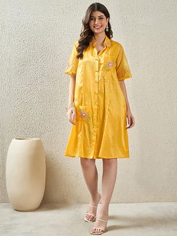 First Resort by Ramola Bachchan - Yellow Hand-Embroidered Pin-Tuck Shirt Knee Length Dress