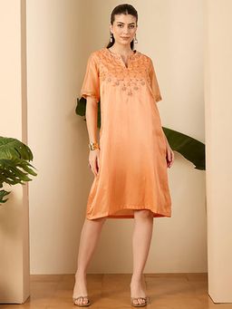 First Resort by Ramola Bachchan - Apricot Hand Embroidered Straight Knee Length Dress