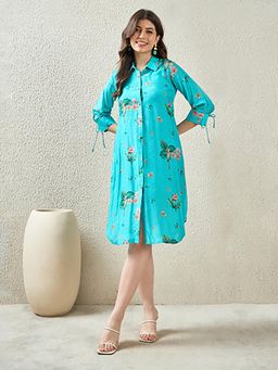 First Resort by Ramola Bachchan - Sky Blue and Pink Floral Shirt Knee Length Dress