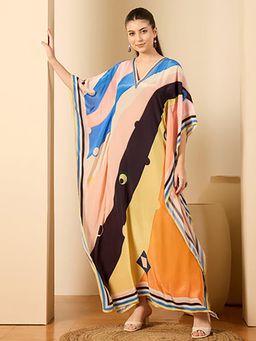 First Resort by Ramola Bachchan - Pink and Orange Ripple Print Embellished Maxi Kaftan