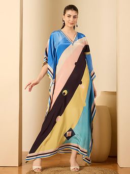 First Resort by Ramola Bachchan - Pink and Yellow Ripple Print Embellished Maxi Kaftan