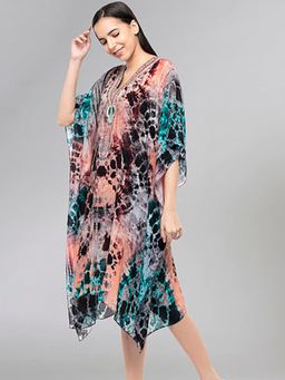 First Resort by Ramola Bachchan - Multicoloured Abstract Print Embellished Knee Length Kaftan