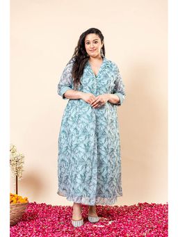 Mamicha - Green Printed Chiffon Notched Lapel Maxi Dress