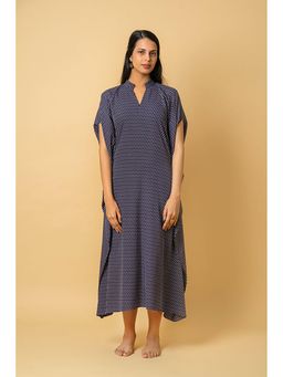 Mamicha - Blue Printed Crepe Mandarin Neck Midi Dress