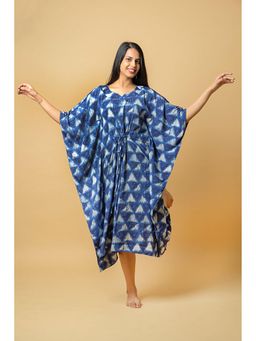 Mamicha - Blue Printed Crepe V-Neck Midi Dress