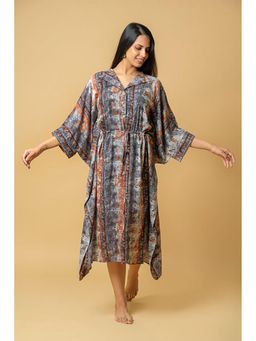 Mamicha - Grey Abstract Rayon V-Neck Midi Dress