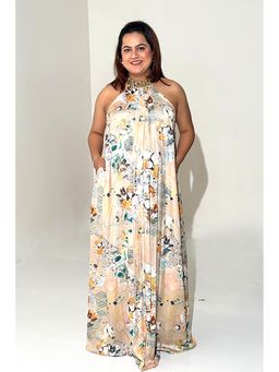 Mamicha - Beige Printed Satin Halter Neck Maxi Dress