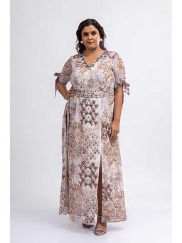 Mamicha - Beige Printed Georgette V-Neck Maxi Dress