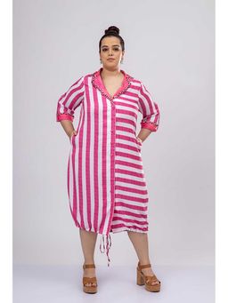 Mamicha - Pink Stripes Crepe Notched Lapel Midi Dress