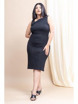 Mamicha - Black Solid/Plain Lycra V-Neck Knee Length Dress