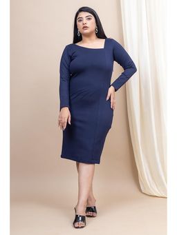 Mamicha - Navy Blue Solid/Plain Lycra Asymmetrical Knee Length Dress
