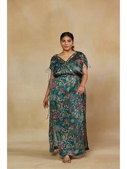 Mamicha - Green Printed Georgette V-Neck Maxi Dress
