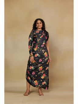 Mamicha - Black Floral Satin One Shoulder Maxi Dress