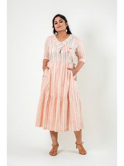 Mamicha - Orange Stripes Cotton V-Neck Midi Dress