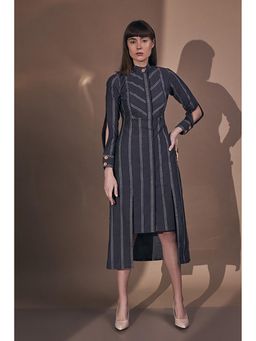 Mamicha - Black Stripes Cotton Mandarin Neck Midi Dress