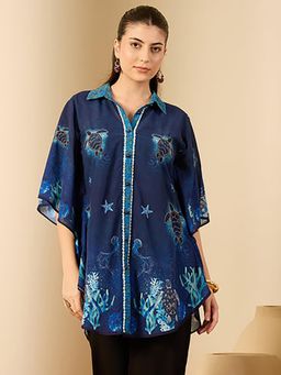 First Resort by Ramola Bachchan - Womens Navy Blue Polyester Animal Print Kaftan