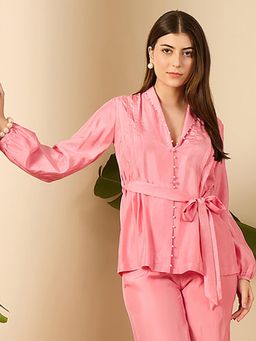 First Resort by Ramola Bachchan - Womens Pink Silk Solid Shirt