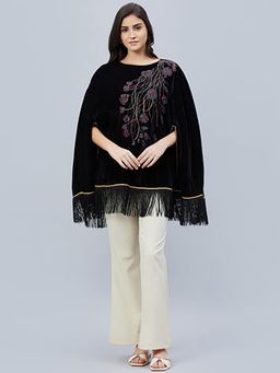 First Resort by Ramola Bachchan - Womens Black Velvet Floral Poncho