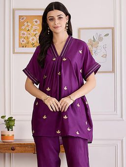 First Resort by Ramola Bachchan - Womens Purple Cotton Embroidered Top