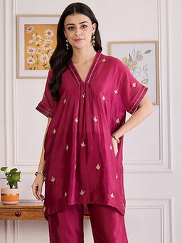 First Resort by Ramola Bachchan - Womens Wine Cotton Embroidered Top