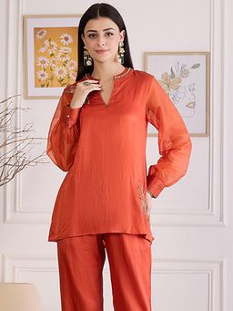 First Resort by Ramola Bachchan - Womens Orange Cotton Embroidered Top